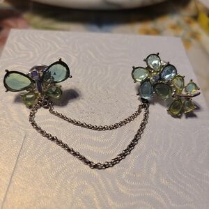 Vintage Elegant Silver and Green Floral Jewelry Set Sweater Clips